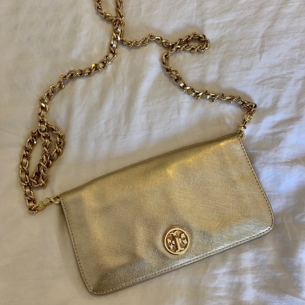 Tory Burch metallic gold leather clutch/crossbody